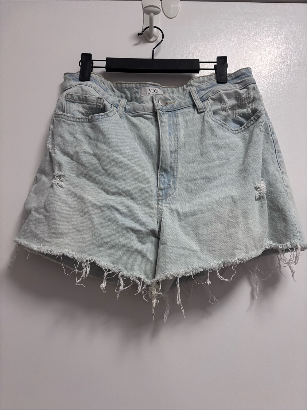 VICI High-Waist Light Wash Frayed Hem Denim Shorts